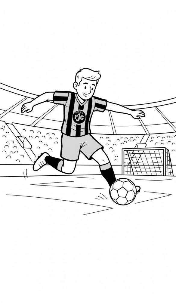 Zwart-wit kleurplaat van een lachende jongen in Roda JC tenue die een voetbal dribbelt in een stadion.