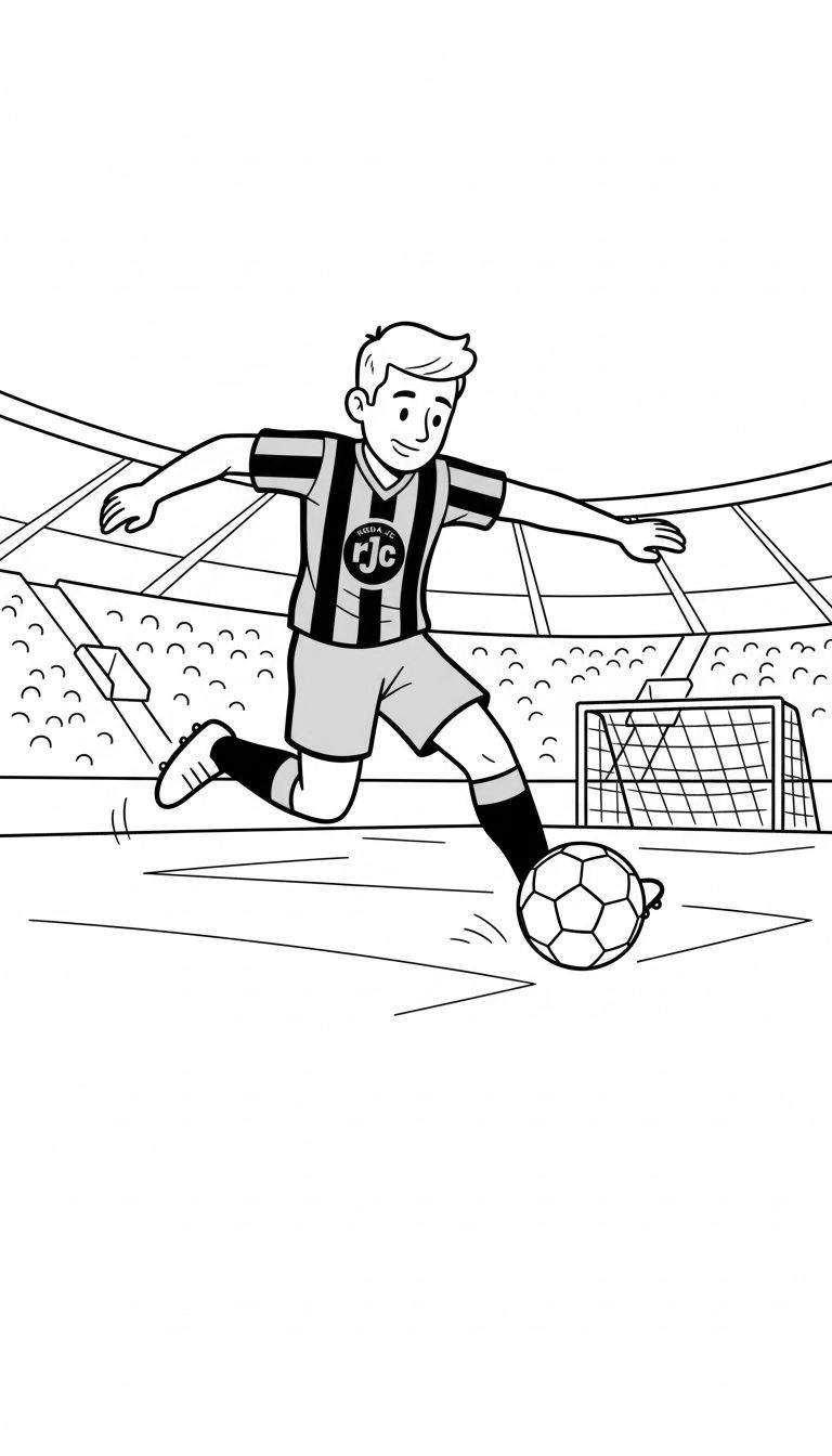 Zwart-wit kleurplaat van een lachende jongen in Roda JC tenue die een voetbal dribbelt in een stadion.