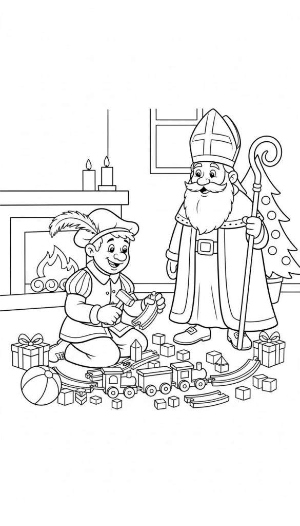 Kleurplaat van Sinterklaas en Zwarte Piet in een gezellige kamer; Piet knielt en bouwt lachend aan een houten trein met rails, terwijl Sinterklaas glimlachend toekijkt. De vloer ligt vol speelgoed, met een brandende open haard en versierde boom op de achtergrond.