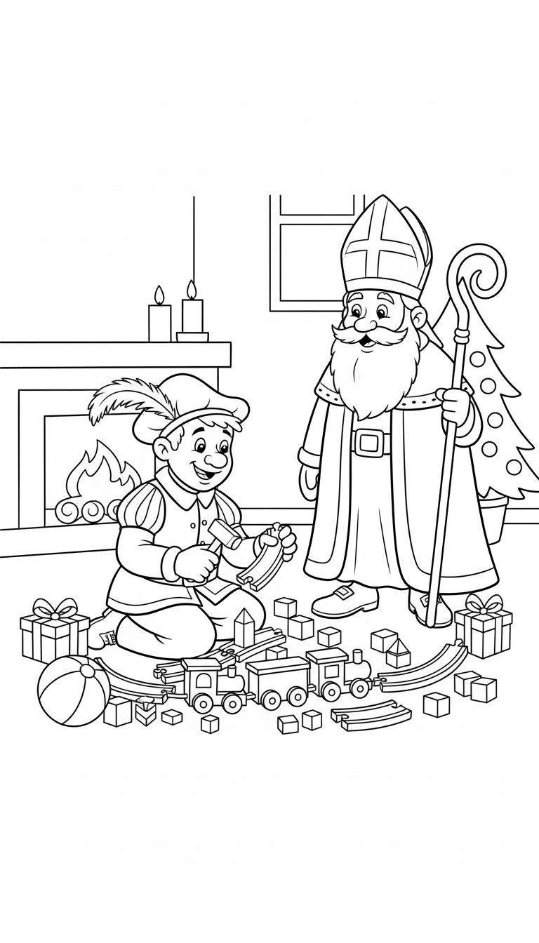 Kleurplaat van Sinterklaas en Zwarte Piet in een gezellige kamer; Piet knielt en bouwt lachend aan een houten trein met rails, terwijl Sinterklaas glimlachend toekijkt. De vloer ligt vol speelgoed, met een brandende open haard en versierde boom op de achtergrond.