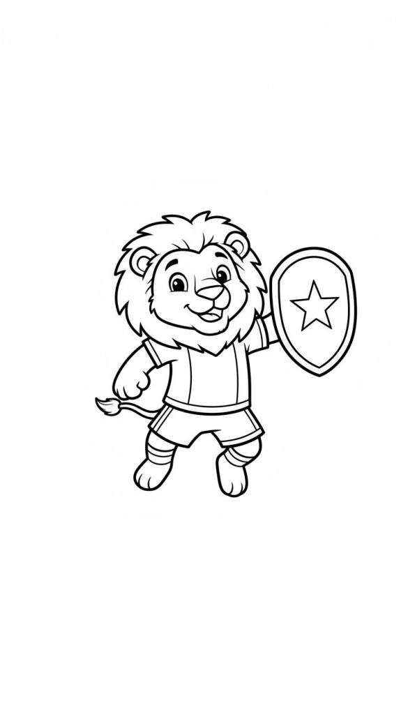 Kleurplaat van vrolijke Ajax-leeuw in sporttenue met schild en ster.