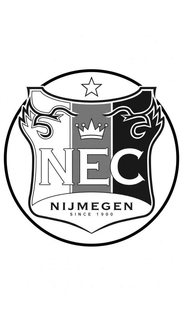 Zwart-wit kleurplaat van het NEC logo: een schild met de letters 'NEC', een ster, kroon, en de teksten 'NIJMEGEN SINCE 1900', alles binnen een cirkel.