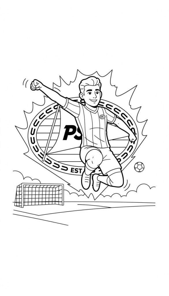 Kleurplaat van een juichende jongen in PSV-voetbaltenue, springend voor een groot PSV-embleem, met een voetbaldoel en een voetbal.