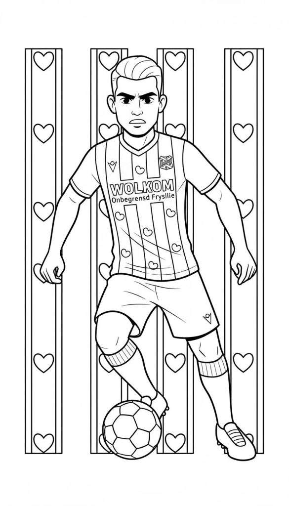 Zwart-wit kleurplaat van een SC Heerenveen voetballer in gestreept tenue met 'WOLKOM Onbegrensd Fryslie' en clublogo, dribbelend met de bal, omringd door harten op de achtergrond.