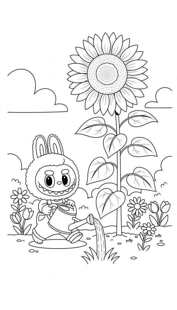 Zwart-wit kleurplaat van een Labubu-achtig konijntje in tuinbroek dat een grote zonnebloem en kleinere bloemen water geeft met een gieter onder wolken.