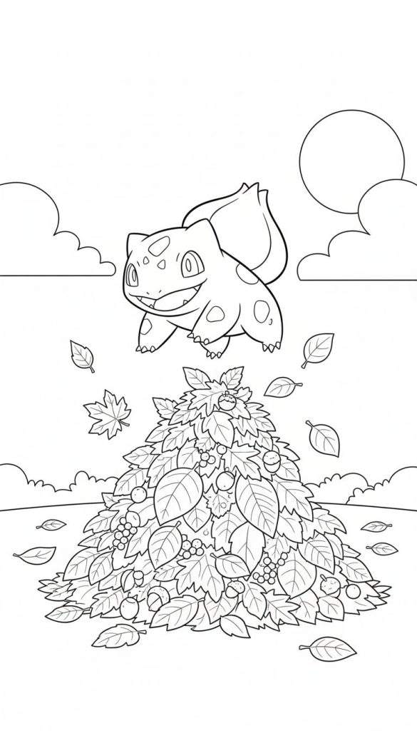 Zwart-wit lijntekening voor inkleuren: Bulbasaur, de Pokémon, duikt met een blije uitdrukking in een grote hoop herfstbladeren. De bladerenhoop bevat ook bessen, eikels en kleine vruchtjes. Rondom en in de lucht vallen losse bladeren. Op de achtergrond zijn wolken en een grote cirkel (zon) te zien.