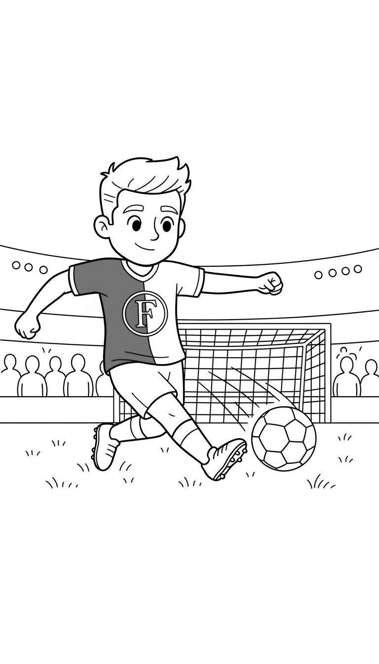 Kleurplaat van een lachende jongen in Feyenoord-tenue ('F' op shirt) die een voetbal trapt in een stadion met doel en juichende supporters.