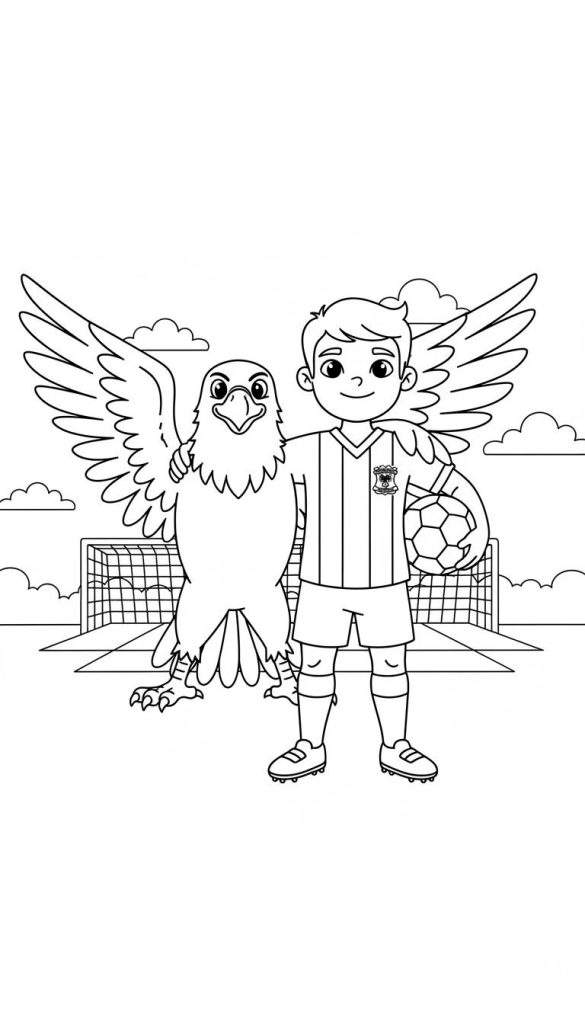 Zwart-wit kleurplaat van een lachende voetballende jongen in Go Ahead Eagles tenue met een voetbal en een blije adelaar die zijn vleugel om de jongen slaat, met een voetbaldoel en wolken op de achtergrond.