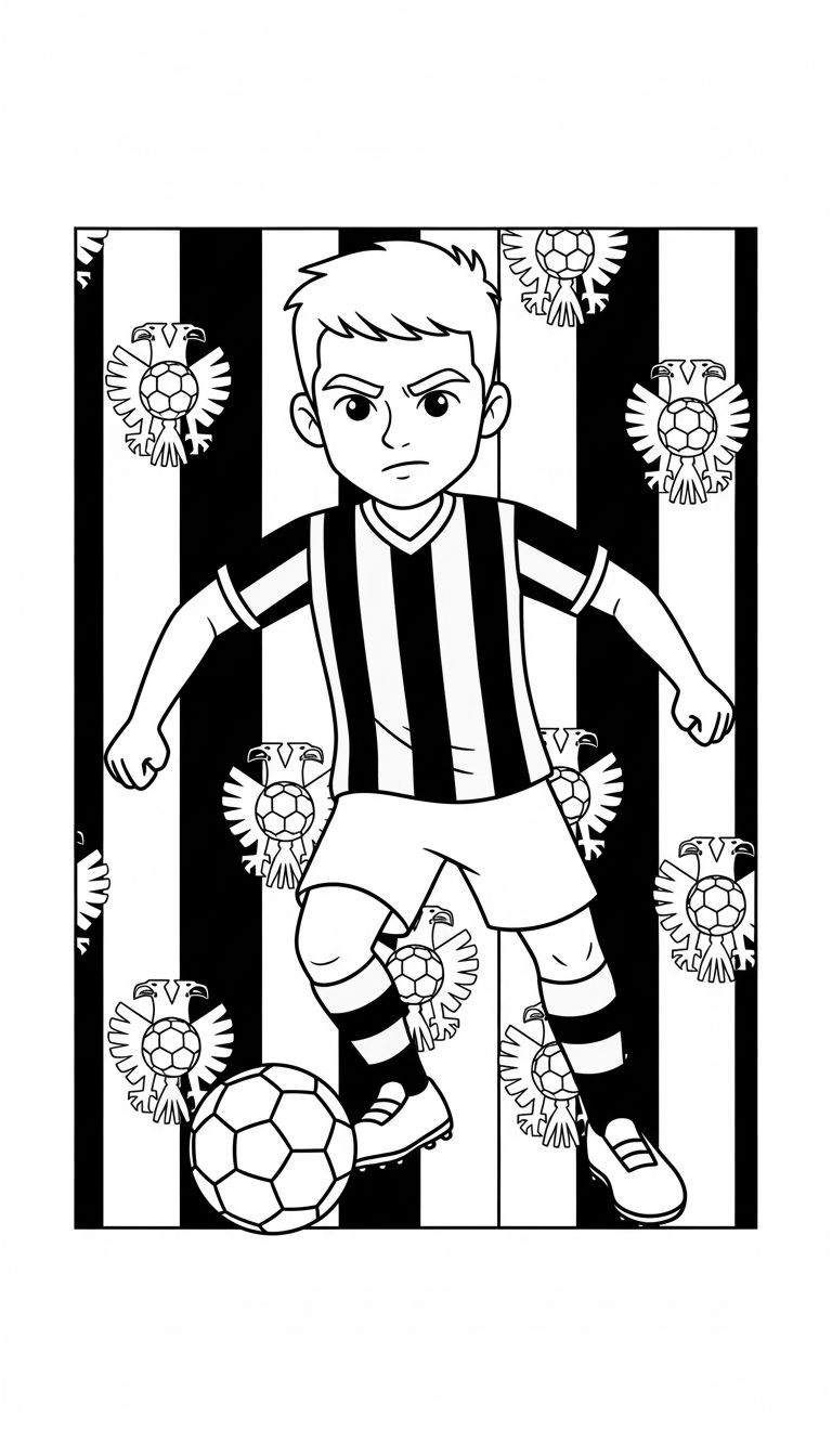 Kleurplaat van een Vitesse voetballende jongen in gestreept tenue, met adelaar logo's op de gestreepte achtergrond.