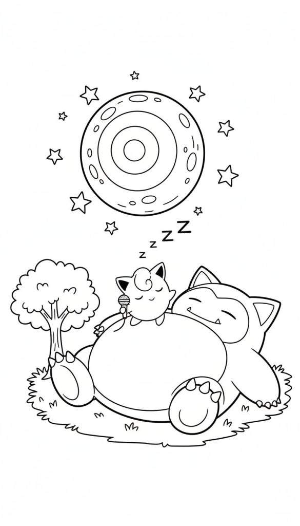 Zwart-wit kleurplaat van twee slapende Pokémon. Een grote Snorlax slaapt op zijn rug met een kleinere, slapende Jigglypuff die een microfoon vasthoudt op zijn buik. Op de achtergrond zijn een boom, gras, een volle maan met kraters en sterren te zien.