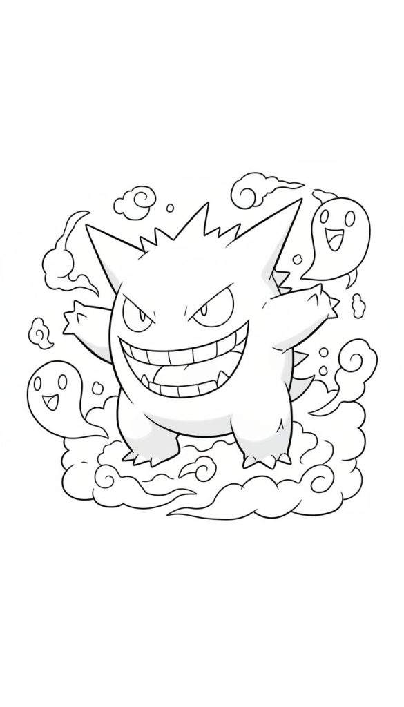 Lijntekening van Gengar kleurplaat met brede, ondeugende glimlach, scherpe tanden, en twee lachende spookjes zwevend in rook- of mistwolken.