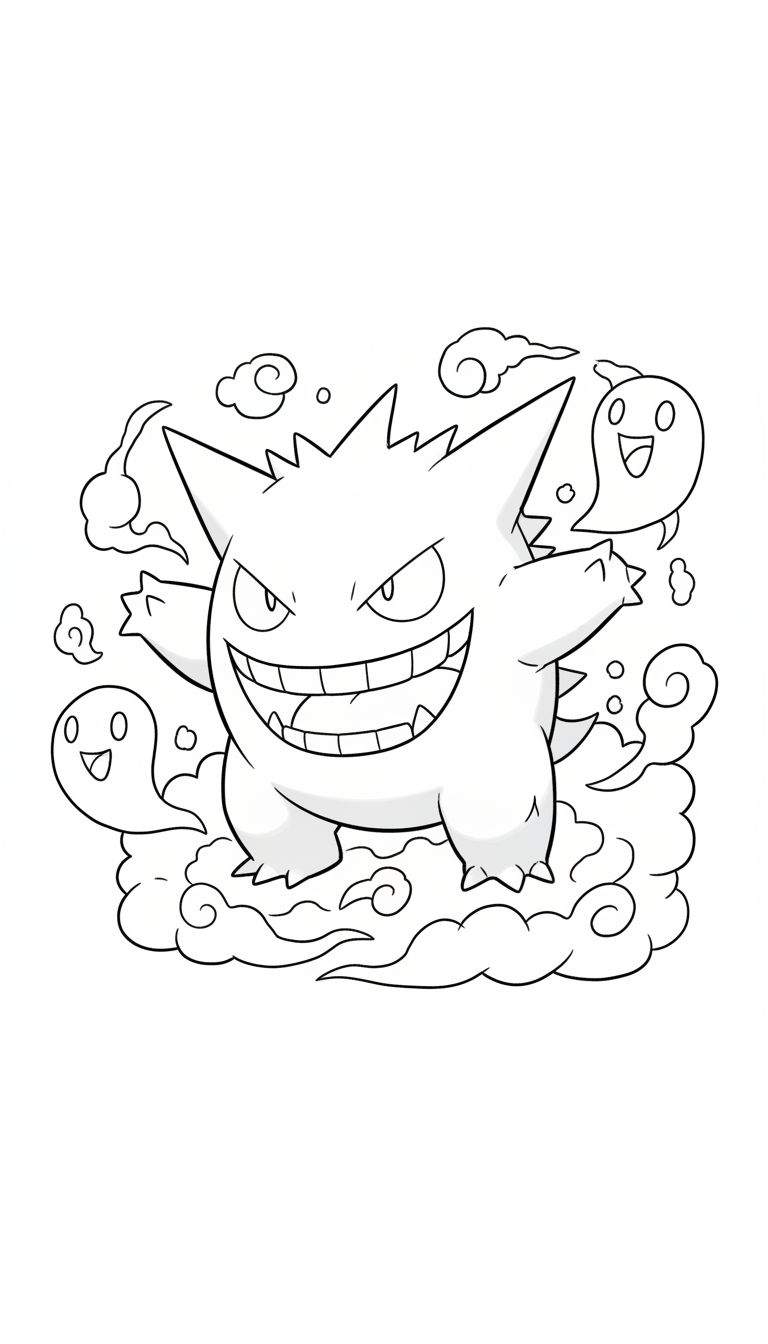 Lijntekening van Gengar kleurplaat met brede, ondeugende glimlach, scherpe tanden, en twee lachende spookjes zwevend in rook- of mistwolken.