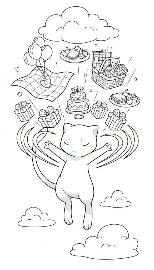 Kleurplaat van Pokémon Mew die een magische verjaardagspicknick organiseert, omringd door zwevende cadeaus, ballonnen, een taart, picknickmanden, borden met eten en wolken, met sterretjes die het magische effect benadrukken.