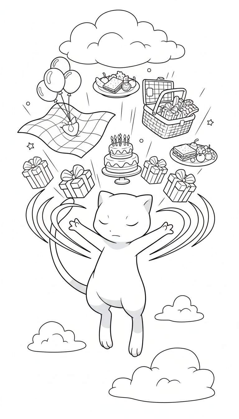 Kleurplaat van Pokémon Mew die een magische verjaardagspicknick organiseert, omringd door zwevende cadeaus, ballonnen, een taart, picknickmanden, borden met eten en wolken, met sterretjes die het magische effect benadrukken.