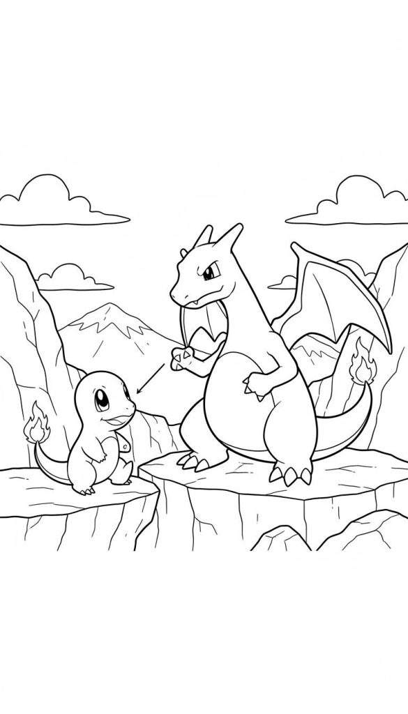 Zwart-wit kleurplaat van Charmander en Charizard in een berglandschap. Charmander staat links op een rots, Charizard staat rechts op een hogere klif en wijst naar Charmander.