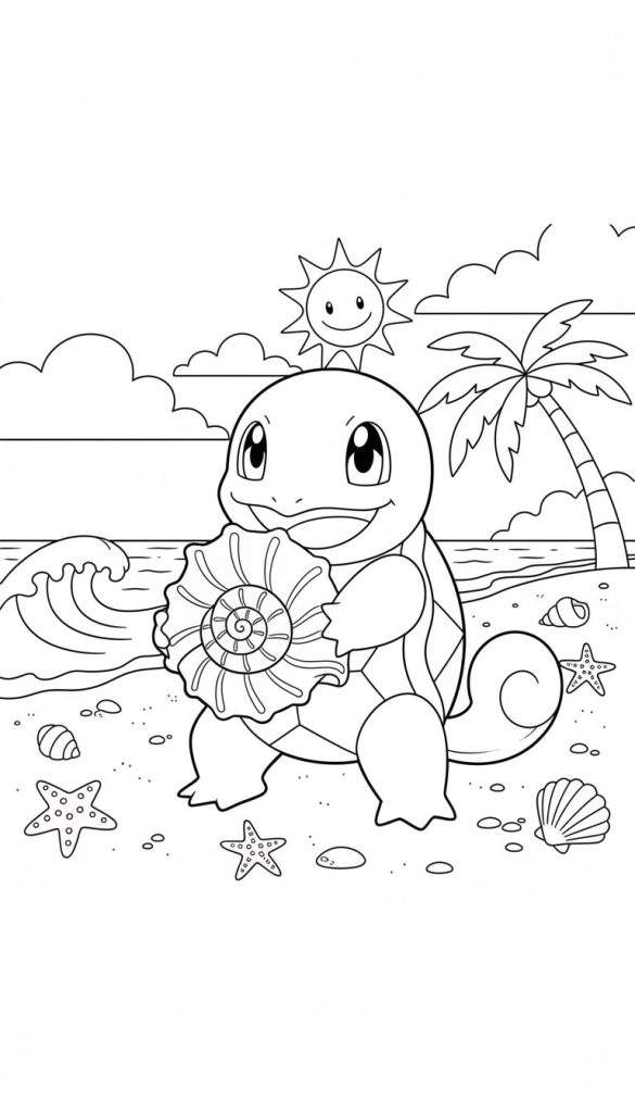 Zwart-wit kleurplaat van Squirtle op een strand, lachend en een grote schelp vasthoudend, met zee, zon, wolken en palmboom op de achtergrond.