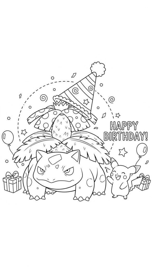 Zwart-wit kleurplaat van Venusaur met een feesthoedje op zijn rugplant en een zwaaiende, blije Pikachu ernaast. Er zijn ballonnen, cadeautjes, confetti en de tekst "HAPPY BIRTHDAY!" te zien, alles in een feestelijk thema.