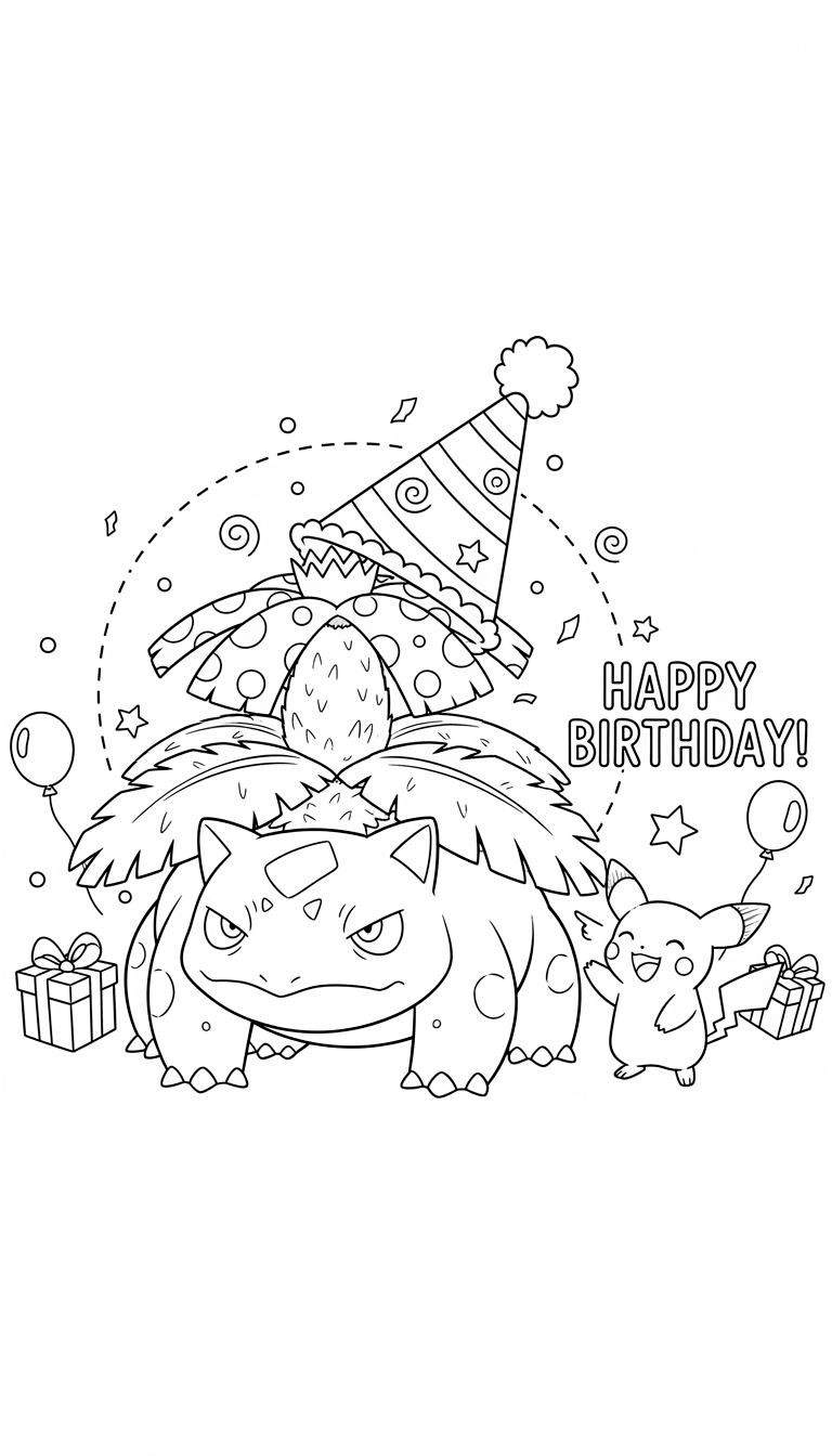 Zwart-wit kleurplaat van Venusaur met een feesthoedje op zijn rugplant en een zwaaiende, blije Pikachu ernaast. Er zijn ballonnen, cadeautjes, confetti en de tekst "HAPPY BIRTHDAY!" te zien, alles in een feestelijk thema.