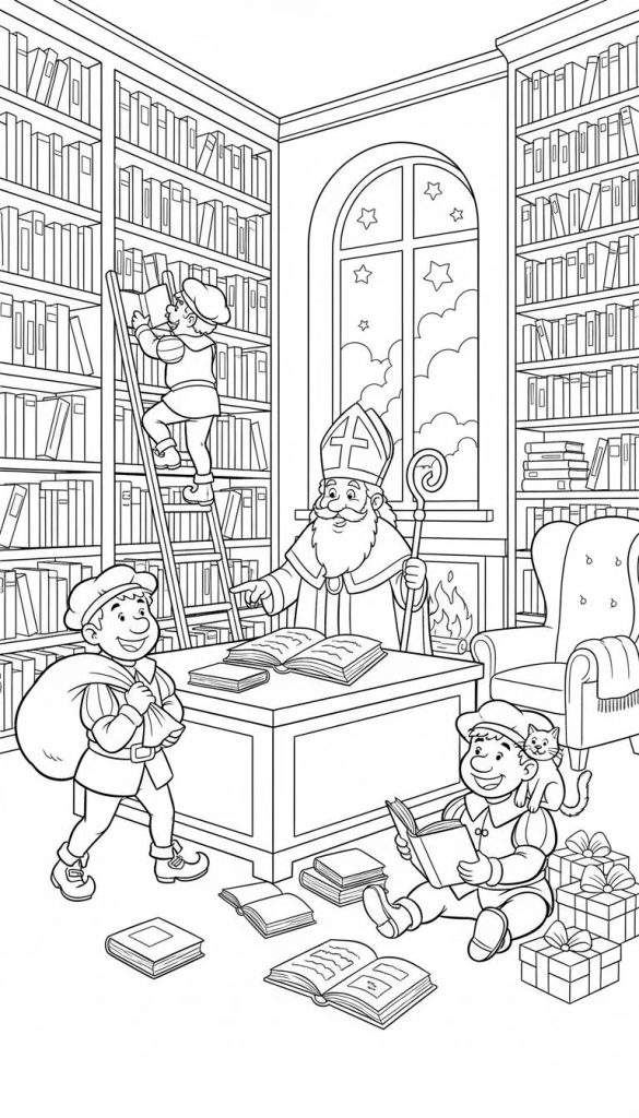 Kleurplaat van Sinterklaas in zijn studeerkamer met hoge boekenkasten, een open haard, sterren door het raam, en drie Pieten: één op een ladder, één met een zak, en één lezend met een kat en cadeaus.
