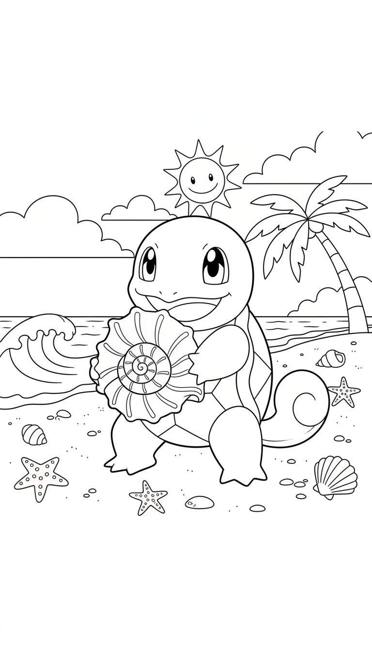 Zwart-wit kleurplaat van Squirtle op een strand, lachend en een grote schelp vasthoudend, met zee, zon, wolken en palmboom op de achtergrond.