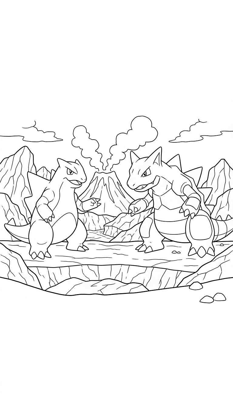 Zwart-wit kleurplaat van een Tyranitar en een Aggron die tegenover elkaar staan in een vulkanisch berglandschap, met een rokende vulkaan op de achtergrond en een kloof tussen hen in.
