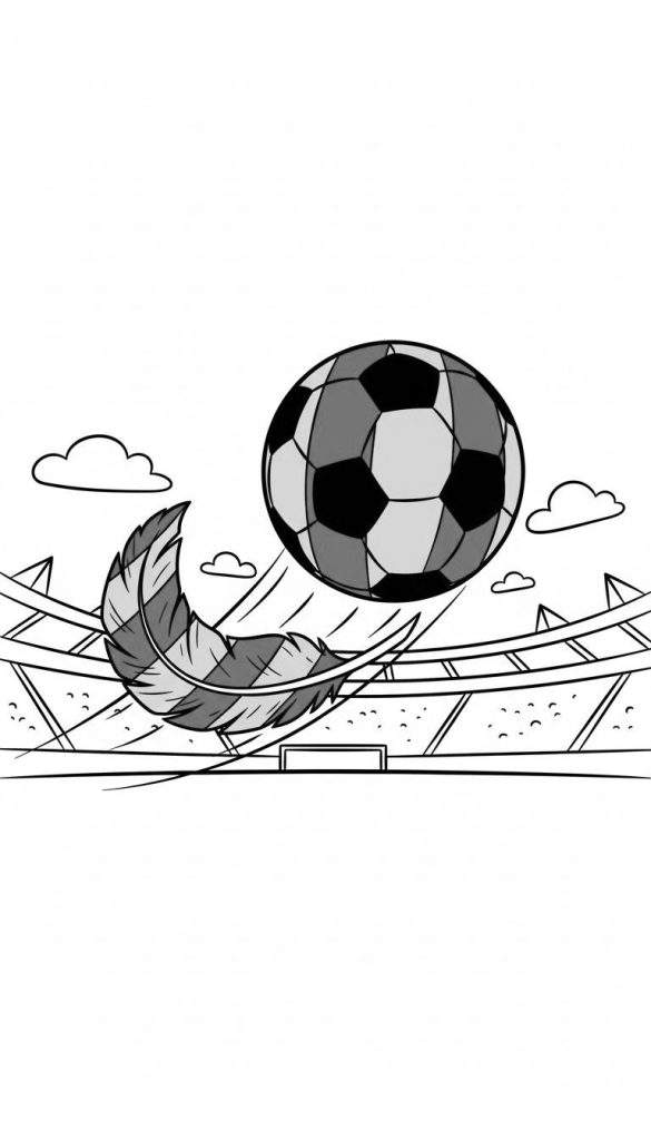 Zwart-wit kleurplaat van een zwevende voetbal en een veer in beweging boven een sportstadion met tribunes en wolkjes, in Go Ahead Eagles thema.