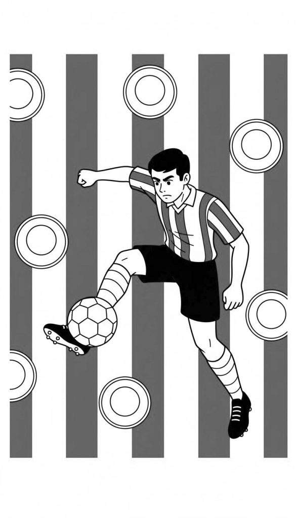 Kleurplaat van een Sparta Rotterdam voetballer in actie. De speler draagt een gestreept wit-zwart shirt en dribbelt met een voetbal aan zijn linkervoet. De achtergrond heeft verticale wit-zwarte strepen en witte cirkels.