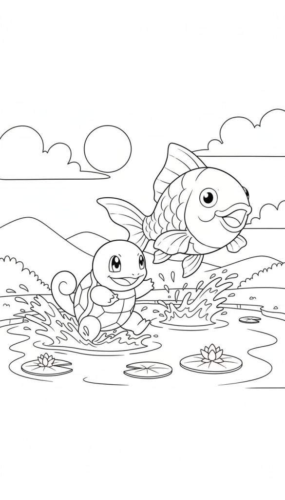 Zwart-wit kleurplaat van een vrolijke Squirtle die door het water rent en spat, met een lachende vis die naast hem uit het water springt. Op het water drijven waterlelies en op de achtergrond zijn glooiende heuvels, wolken en een ronde zon of maan te zien.