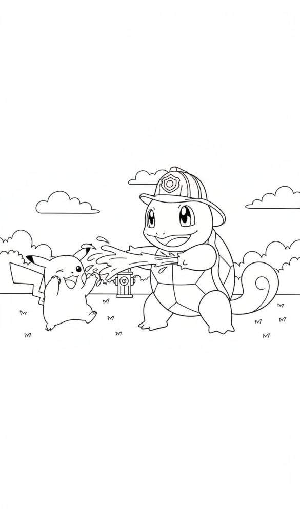 Kleurplaat van Squirtle met brandweerhelm die vrolijk water spuit naar een lachende en knipogende Pikachu. Op de achtergrond is een brandkraan en wolken te zien.
