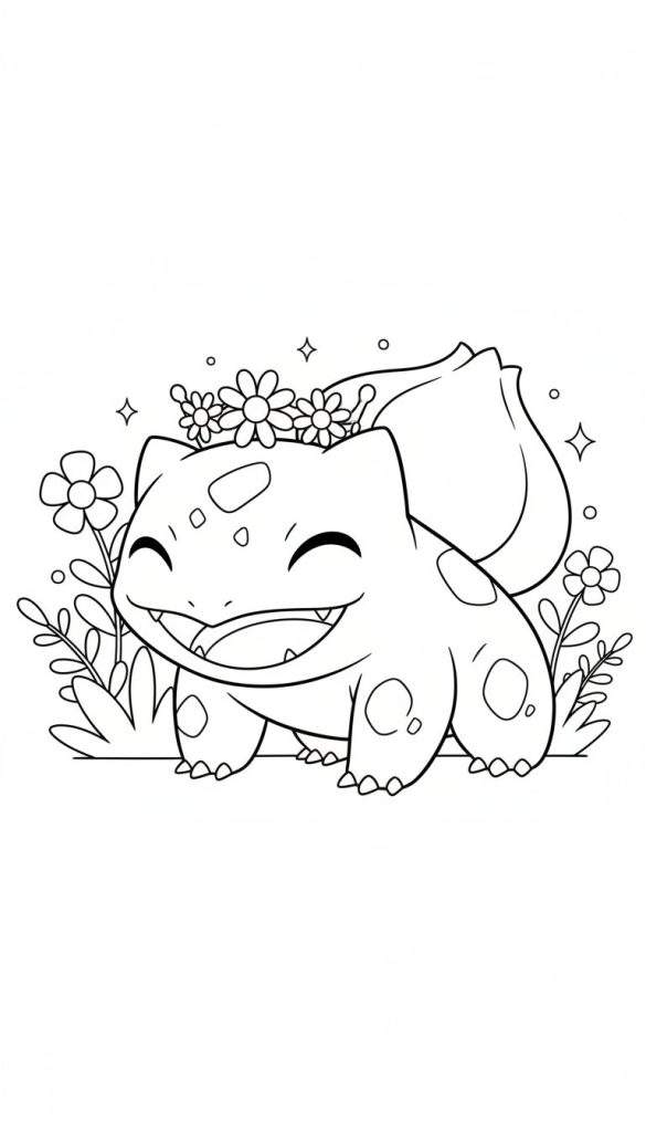 Zwart-wit kleurplaat van een vrolijke Bulbasaur met bloemenkrans, omringd door bloemen, bladeren en zwevende sterretjes.
