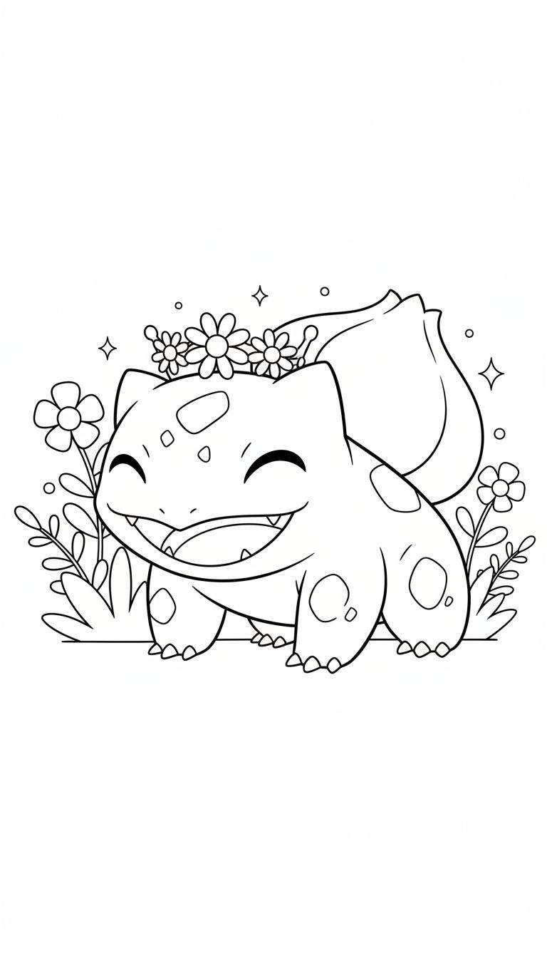 Zwart-wit kleurplaat van een vrolijke Bulbasaur met bloemenkrans, omringd door bloemen, bladeren en zwevende sterretjes.