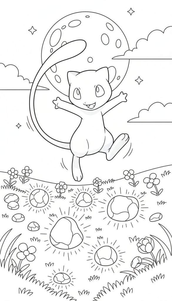 Zwart-wit kleurplaat van de Pokémon Mew die vrolijk in de lucht springt voor een grote volle maan met kraters. Op de voorgrond liggen gloeiende Maanstenen, gras en bloemen.