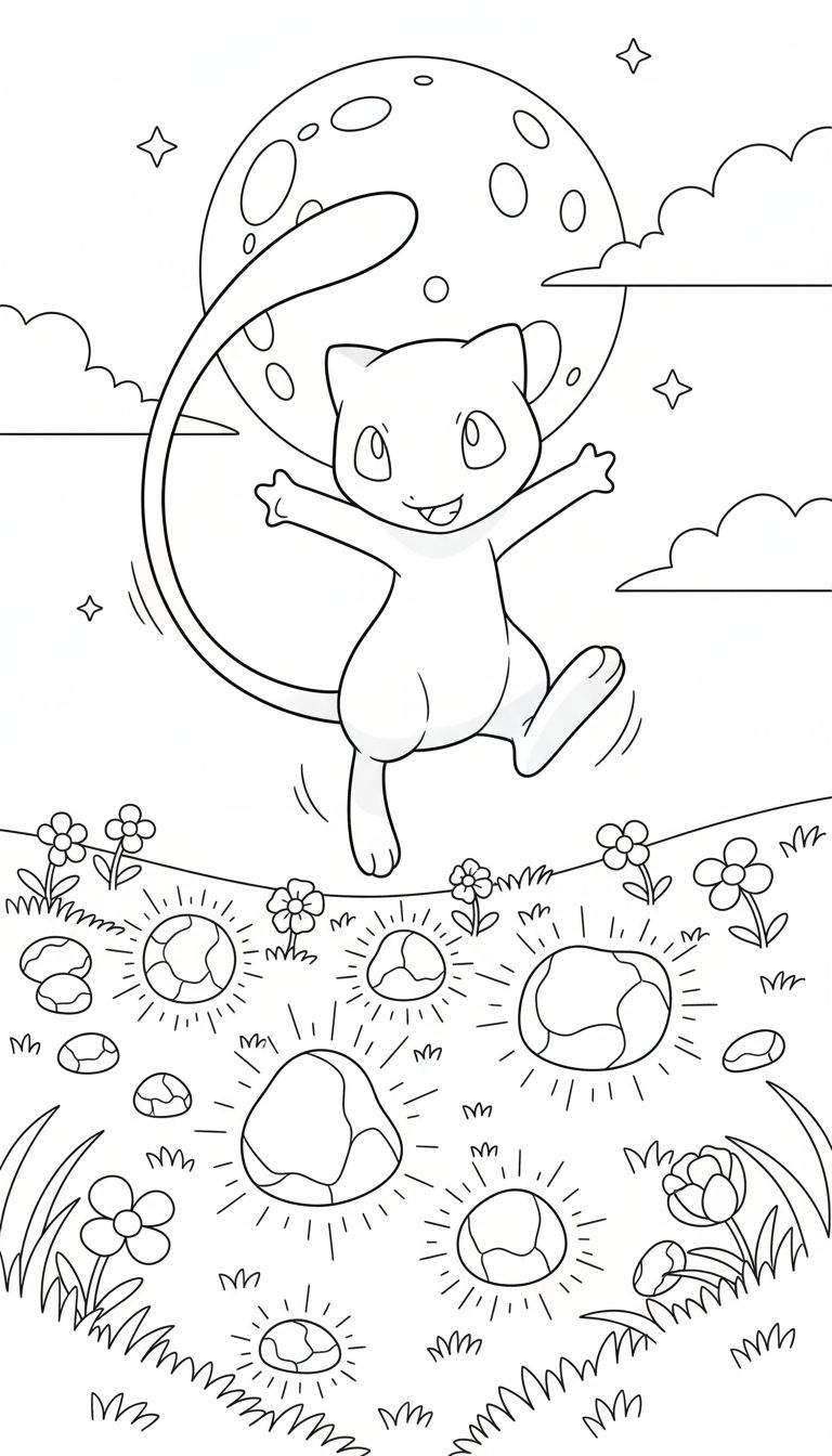 Zwart-wit kleurplaat van de Pokémon Mew die vrolijk in de lucht springt voor een grote volle maan met kraters. Op de voorgrond liggen gloeiende Maanstenen, gras en bloemen.