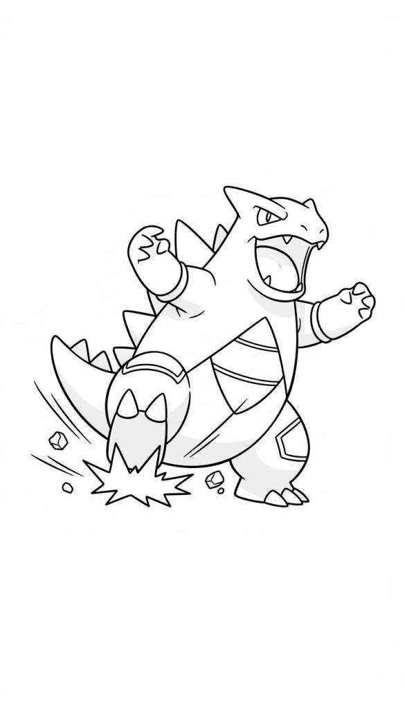 Zwart-wit kleurplaat van de Pokémon Tyranitar, staand in een krachtige, dynamische actiehouding met wijd open bek, scherpe tanden en een visueel inslageffect onder zijn achterpoot.