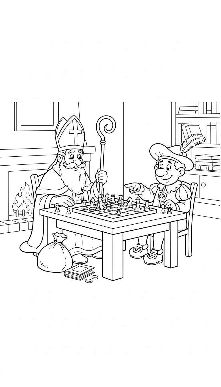 Kleurplaat: Sinterklaas en Piet schaken geconcentreerd aan een houten tafel. Sinterklaas pakt een schaakstuk, Piet wijst. Op de achtergrond een open haard en boekenkast. Onder de tafel liggen een cadeautjeszak, een boek en munten.