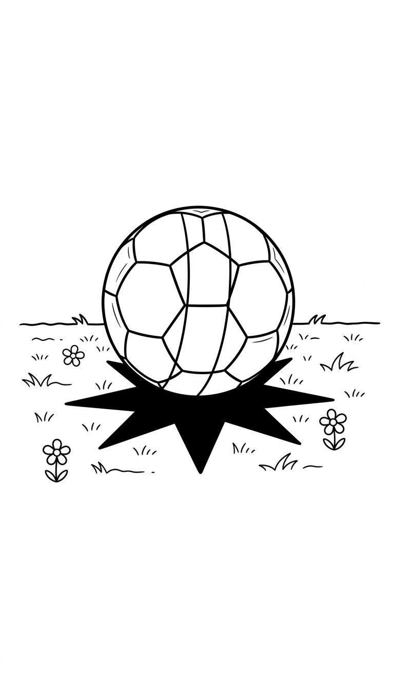 Zwart-wit kleurplaat van een voetbal met Ajax-thema, rustend op een stervormige inslag in het gras met kleine vierbladige bloemetjes.