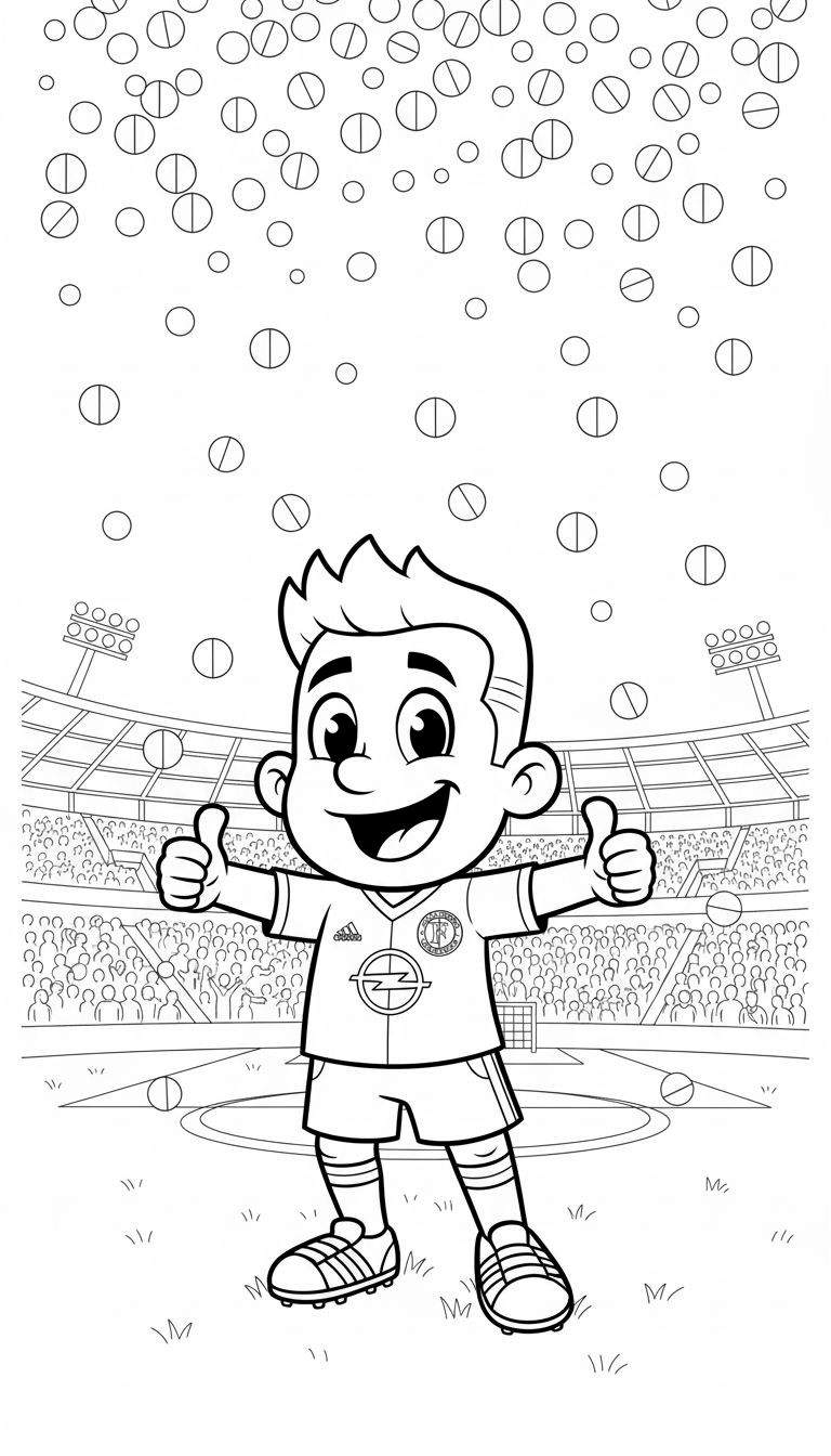 Zwart-wit Feyenoord kleurplaat van een lachende jongen in voetbaltenue, duimen omhoog, in een stadion met juichend publiek. Confetti-achtige pillen vallen rondom, wat een overwinning symboliseert.