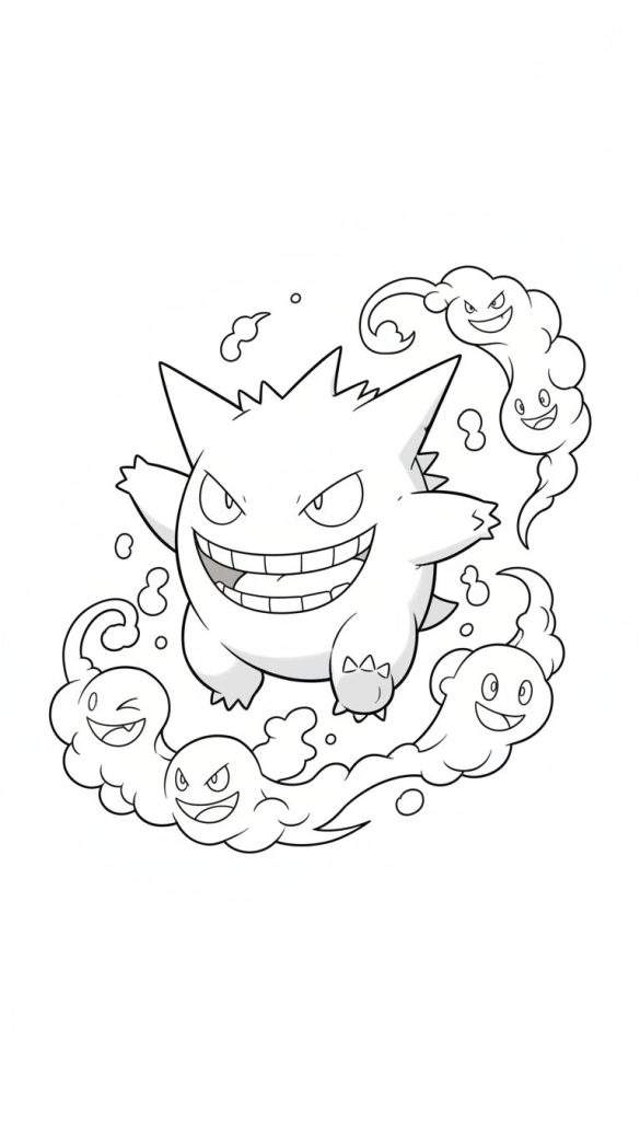 Zwart-wit kleurplaat van Gengar met brede grijns, omringd door zwevende spookjes en wolkachtige figuren met diverse uitdrukkingen.