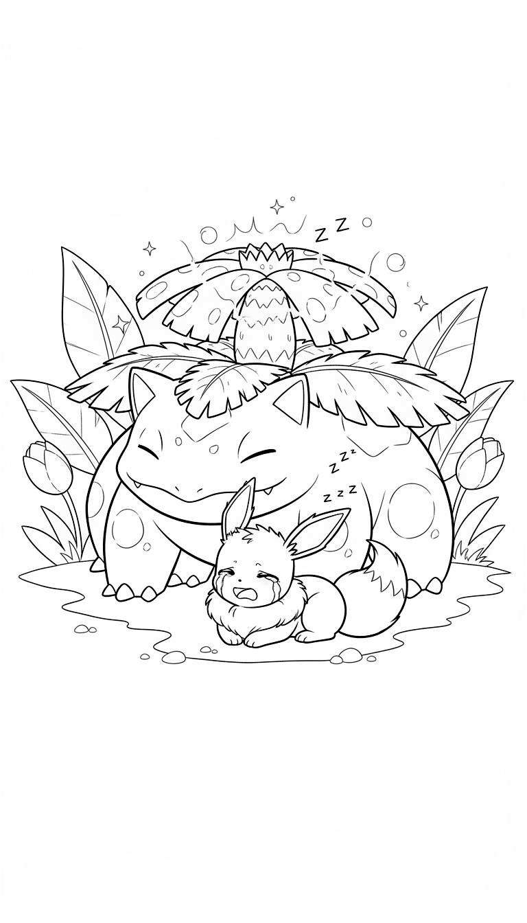 Zwart-wit lijntekening van een kleurplaat met een grote, slapende Venusaur op de grond, met 'Z Z Z' boven zijn hoofd. Een kleinere, huilende Eevee slaapt tegen Venusaur aan. Om hen heen zijn grote bladeren, bloemknoppen en kleine sterren te zien.