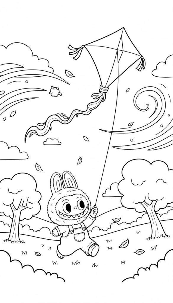 Kleurplaat van Labubu, een schattig konijn-achtig figuur met lange oren en tuinbroek, dat met een brede lach een vlieger oplaat op een winderige herfstdag met vliegende blaadjes, heuvels en bomen op de achtergrond.