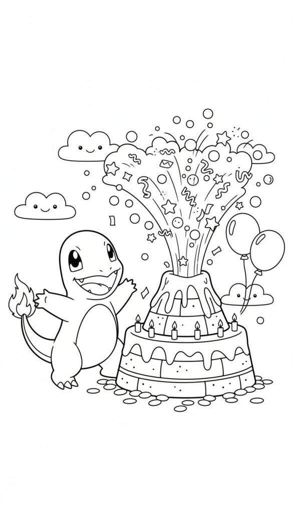 Zwart-wit kleurplaat van een lachende Charmander met vlam op staart bij een vulkaan-verjaardagstaart met spuitende sterren, slingers, confetti, acht kaarsjes, twee lachende wolkjes en twee ballonnen.