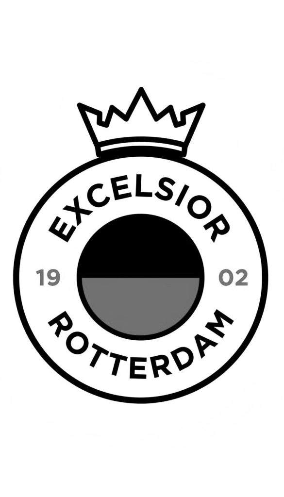 Zwart-wit kleurplaat van het Excelsior Rotterdam logo. Het logo toont een dikke zwarte cirkel met een kroon, de teksten 'EXCELSIOR' en 'ROTTERDAM', en in het midden een kleinere cirkel geflankeerd door '19' en '02'.