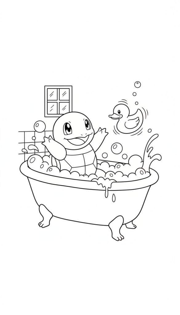 Kleurplaat: Vrolijke Squirtle neemt een bad vol zeepbellen met een lachende mond en armen omhoog, naast een badeendje in een badkuip. Achtergrond met betegelde muur en raam.
