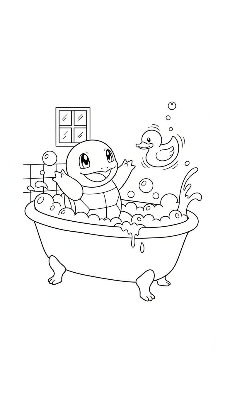 Kleurplaat: Vrolijke Squirtle neemt een bad vol zeepbellen met een lachende mond en armen omhoog, naast een badeendje in een badkuip. Achtergrond met betegelde muur en raam.