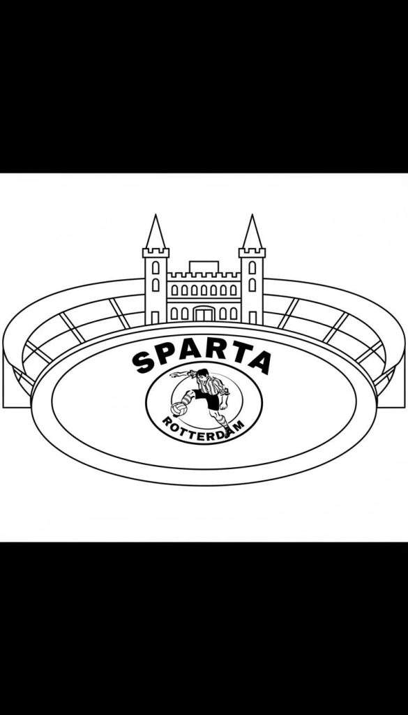 Zwart-wit lijntekening van het Sparta Rotterdam logo met 'Het Kasteel', stadion, voetballer en de teksten 'SPARTA' en 'ROTTERDAM'.