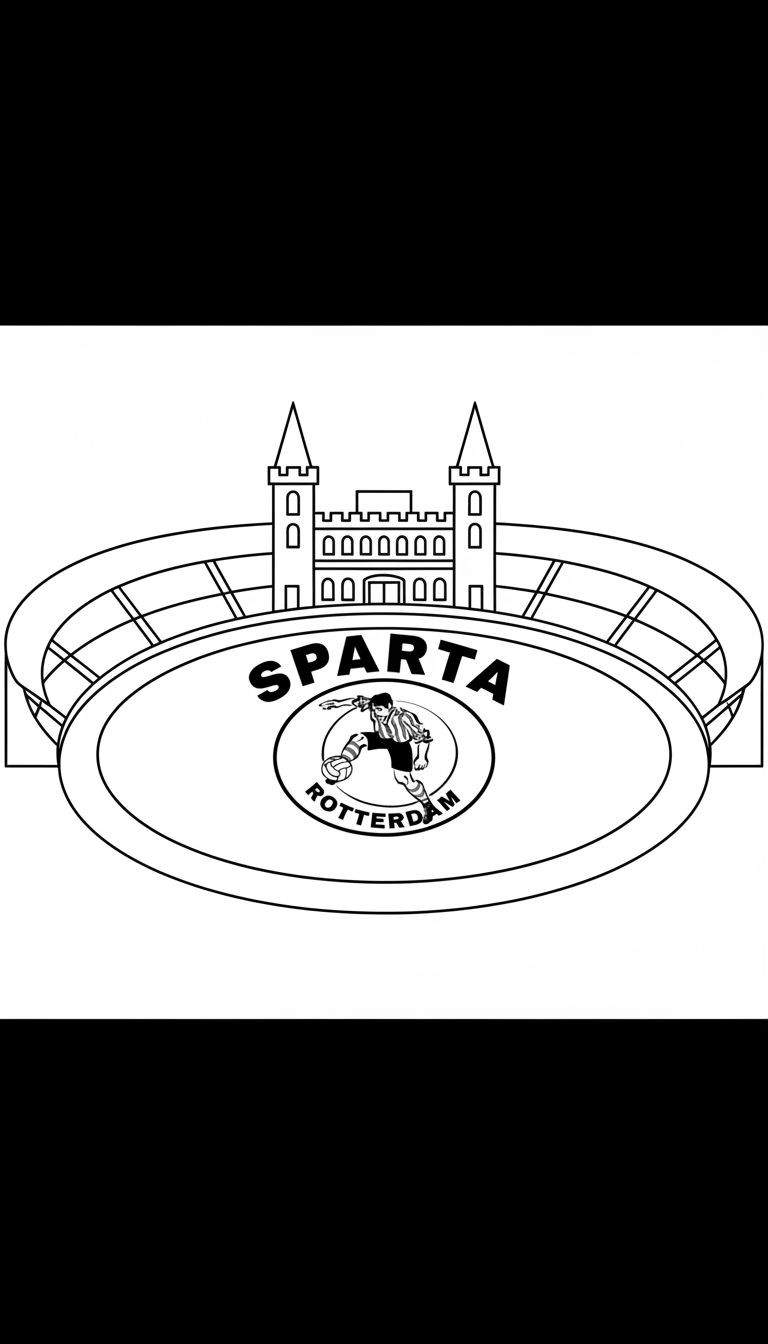 Zwart-wit lijntekening van het Sparta Rotterdam logo met 'Het Kasteel', stadion, voetballer en de teksten 'SPARTA' en 'ROTTERDAM'.