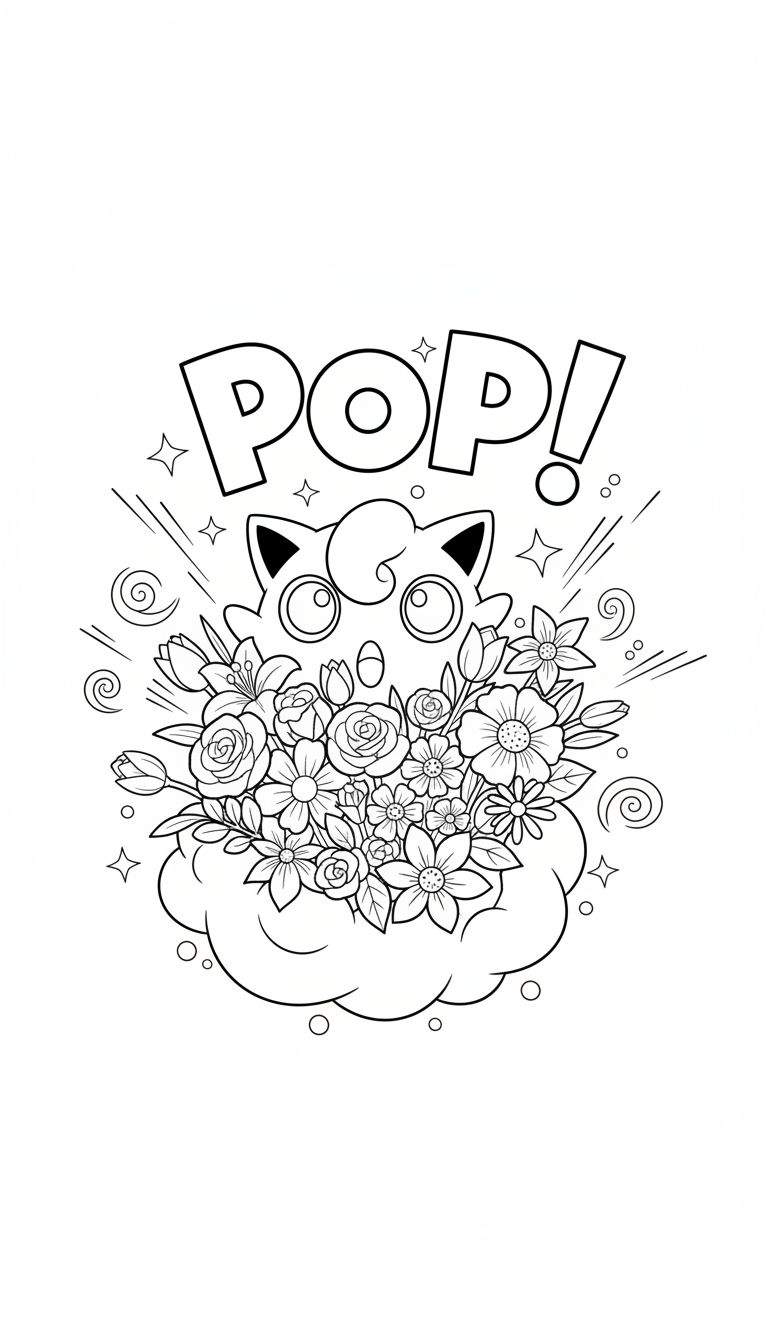 Zwart-wit kleurplaat met een Jigglypuff-achtig figuur met grote ogen en spitse oren, zittend tussen rozen, tulpen en madeliefjes op een wolk. Boven staat 'POP!' en er zijn sterretjes en wervelingen rondom.
