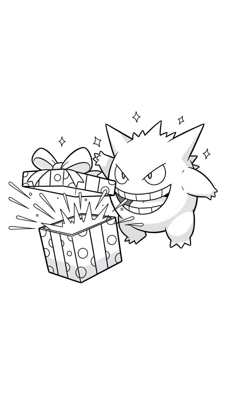 Zwart-wit kleurplaat van lachende Gengar met ondeugende uitdrukking, staand naast een open cadeaudoos waaruit vonken spatten, omringd door zwevende sterretjes.