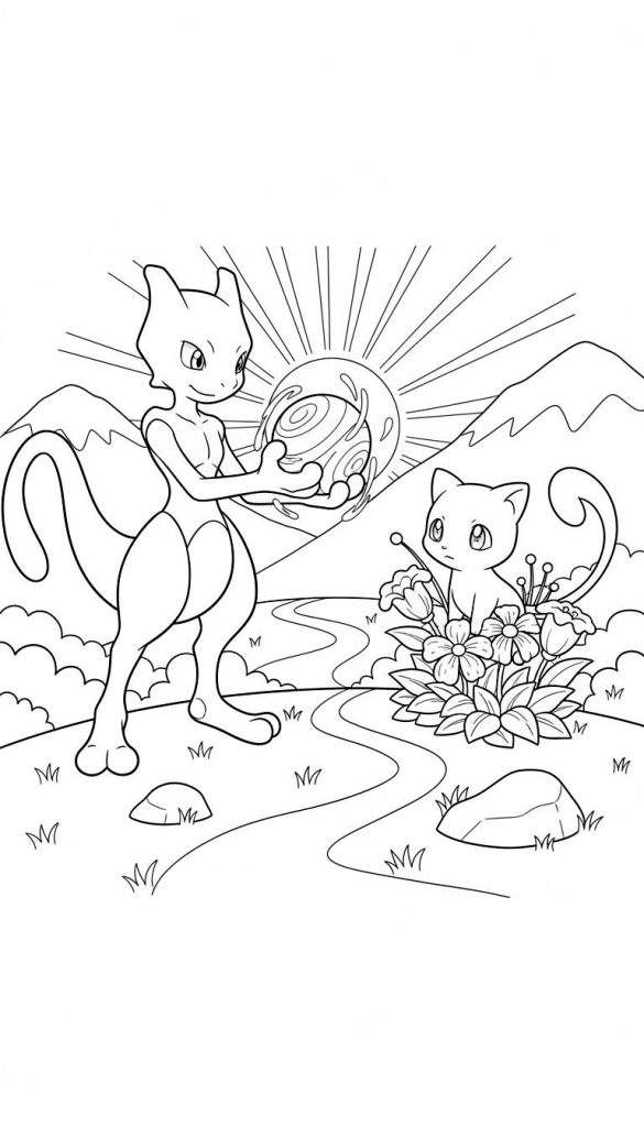 Zwart-wit kleurplaat van Mewtwo die een spiraalvormige energiebol vasthoudt voor een nieuwsgierige Mew, zittend tussen bloemen in een natuurlijke omgeving met bergen en een stralende zon.