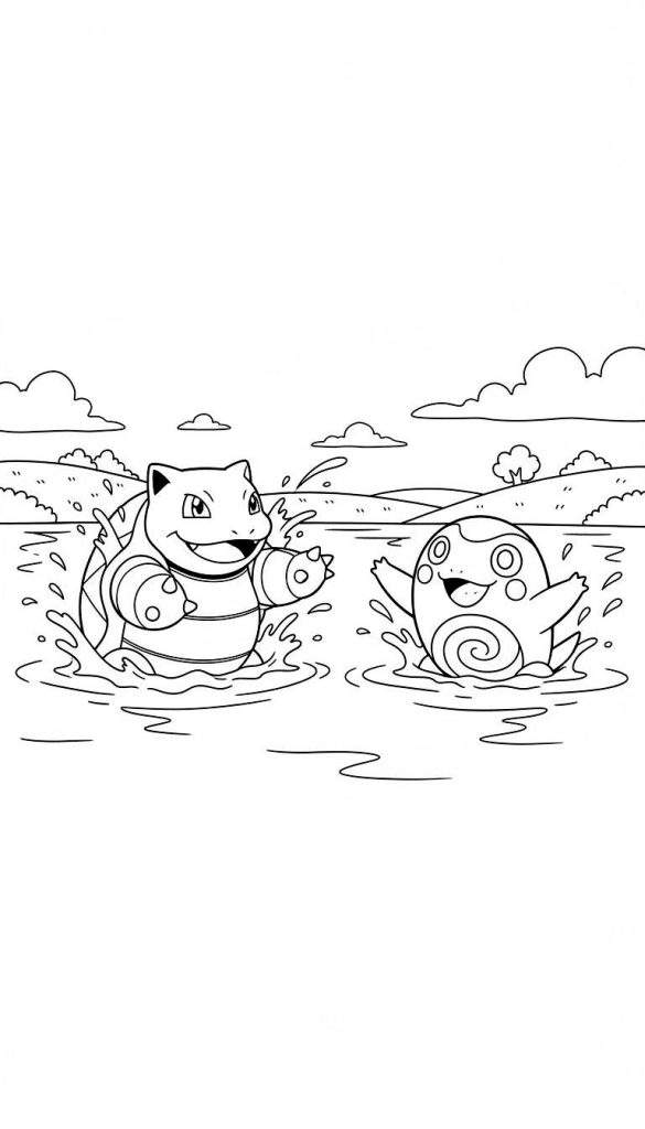 Zwart-wit kleurplaat van Wartortle en Poliwag die lachend water opspatten in een meer of rivier, met een glooiend landschap, bomen, struiken en wolken op de achtergrond. De scène straalt vrolijkheid uit.